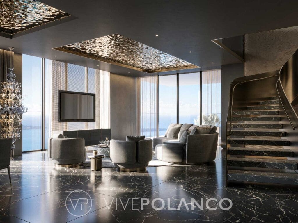 Elegante sala de estar en 888 Brickell Dolce & Gabbana con pisos de mármol negro y vista panorámica al agua en 888 Brickell Miami, Polanco