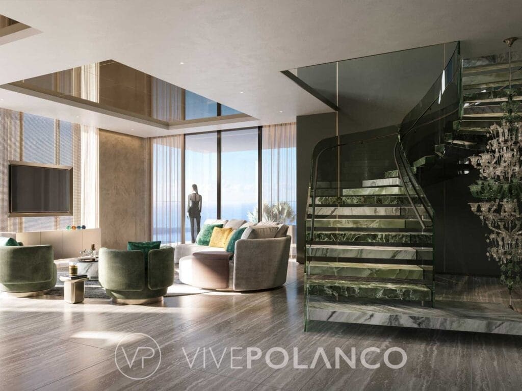 Sala de estar contemporánea en 888 Brickell Miami con escaleras de mármol verde y ventanales panorámicos