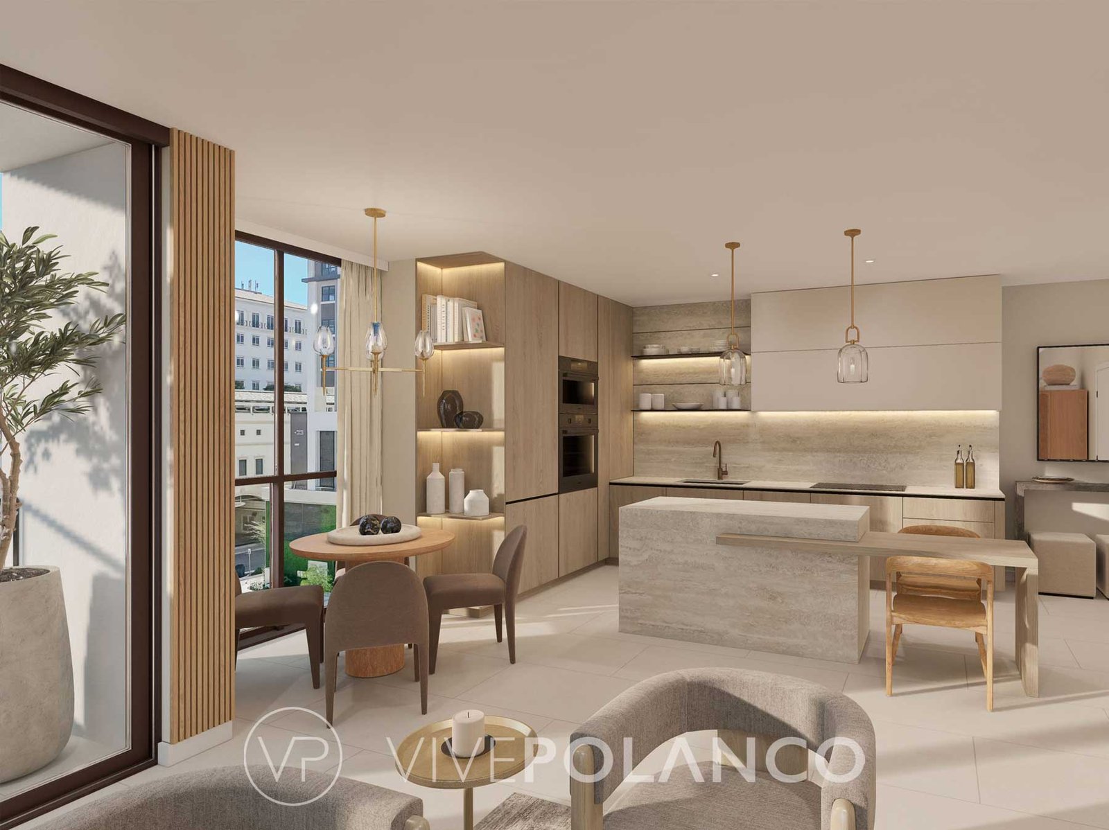 Render de cocina abierta con isla de piedra y comedor en una residencia de Cassia Coral Gables, Miami