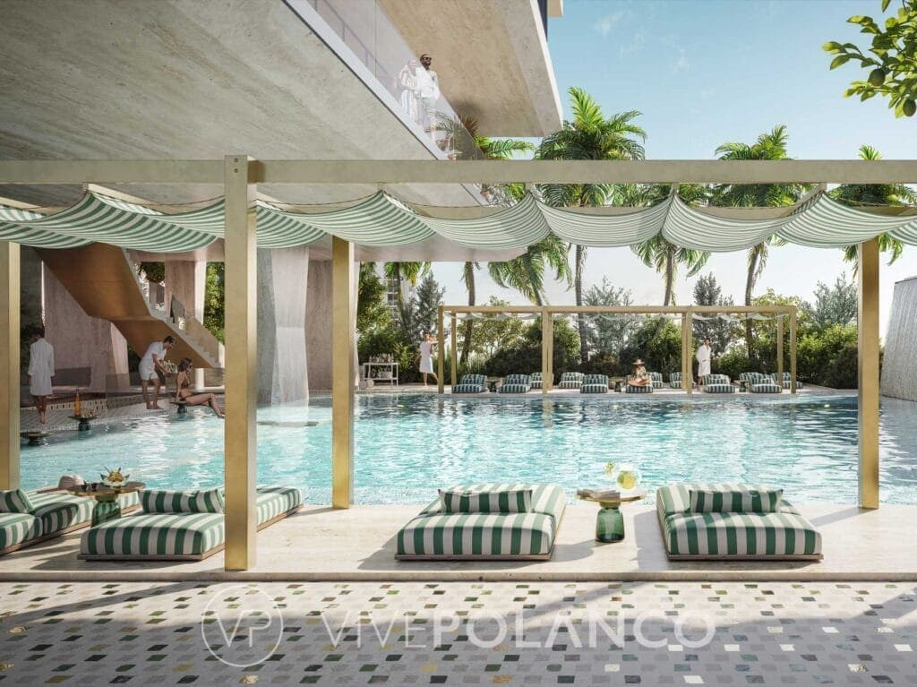 Área de alberca con camastros rayados verdes y blancos bajo pérgola en 888 Brickell Miami Dolce & Gabbana