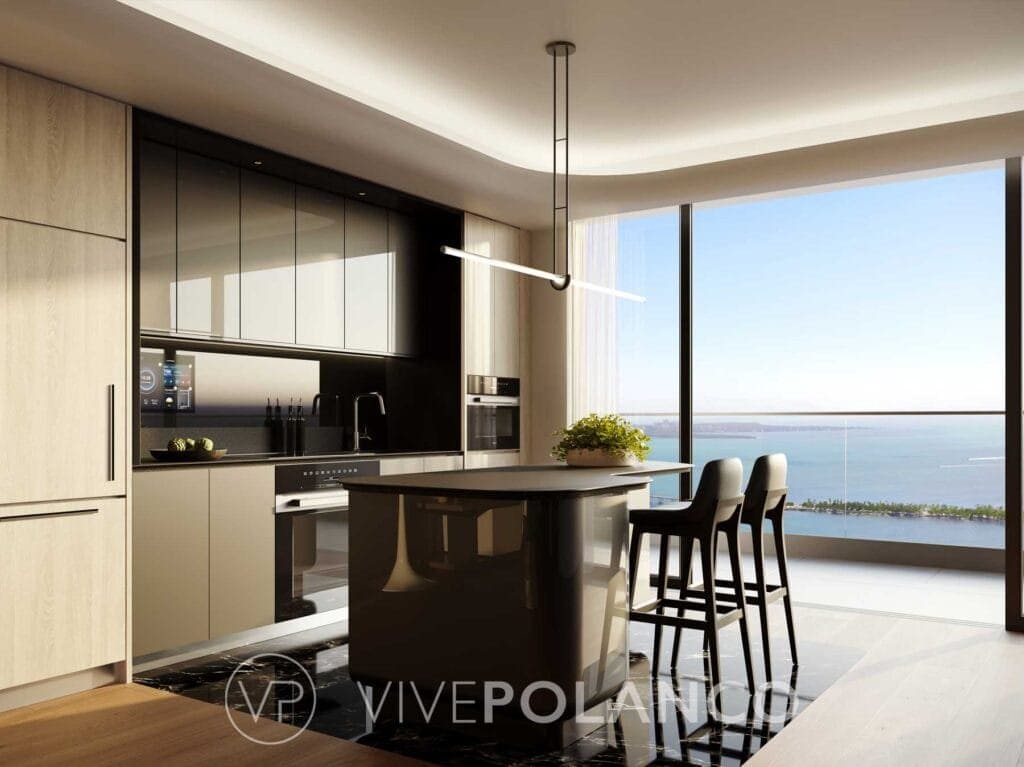Cocina contemporánea con isla central y vista panorámica al mar en Mercedes-Benz Places Miami en Mercedes Benz Condo Miami, Polanco