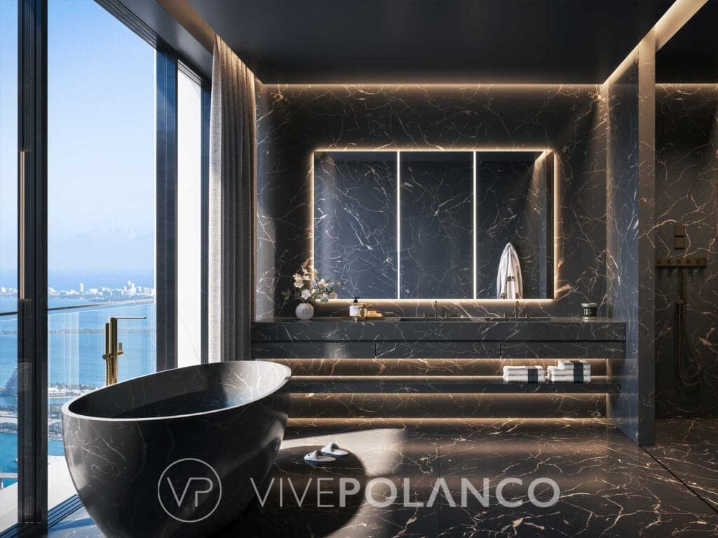 Baño de lujo con mármol negro y tina independiente en 888 Brickell Dolce & Gabbana con vista panorámica en 888 Brickell Miami, Polanco