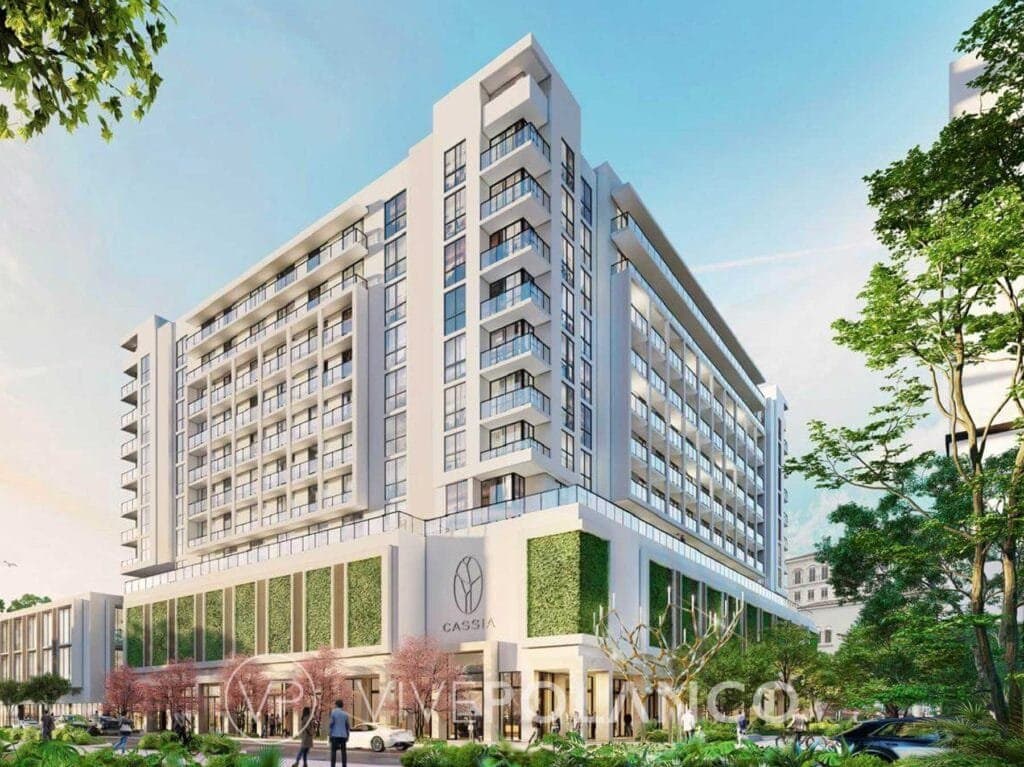 Fachada exterior de Cassia Coral Gables con arquitectura contemporánea, balcones y muros verdes en Cassia Miami, Polanco