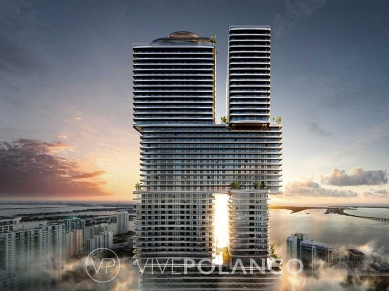 Renderizado del complejo residencial Mercedes-Benz Places en Brickell, Miami, con vista al agua al atardecer en Mercedes Benz Condo Miami, Polanco
