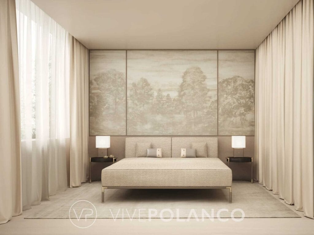Recámara principal con cama tapizada beige y panel artístico en Armani Residences Masaryk en Armani Residences Masaryk Vive Polanco, Polanco