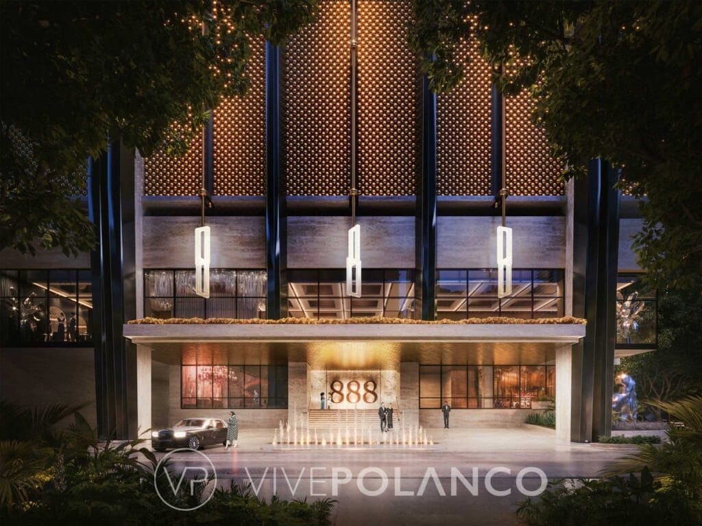 Render nocturno del lobby de entrada del 888 Brickell by Dolce & Gabbana con fachada iluminada y porte-cochère