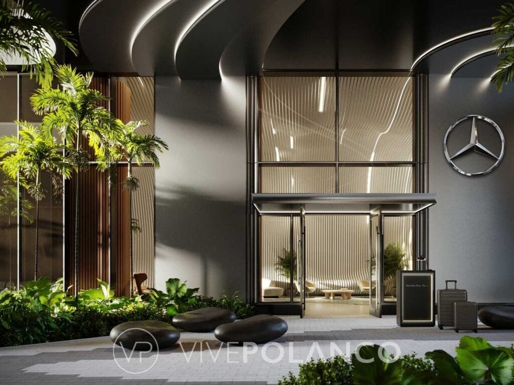 Acceso principal de Mercedes-Benz Places en Brickell con diseño arquitectónico curvo y vegetación tropical en Mercedes Benz Condo Miami, Polanco