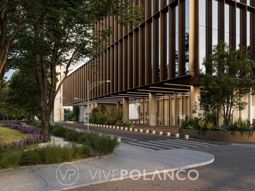 Entrada principal de Park Hyatt Mexico City Residences con fachada de celosías verticales y jardín paisajístico en Park Hyatt Residences México City21, Polanco