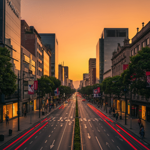 Avenida Presidente Masaryk in Polanco, Mexico City, lined with luxury boutiques and high-end cars, representing the upscale lifestyle of the neighborhood.