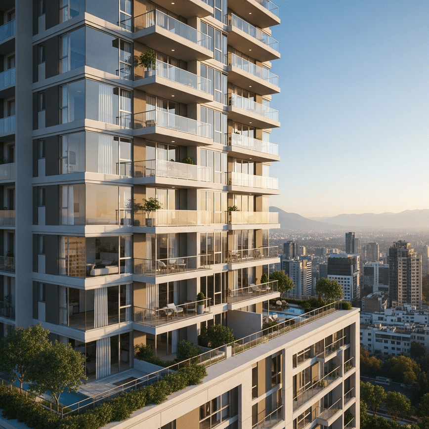 Luxurious modern high-rise apartment building in Polanco, Mexico City, featuring sleek architectural design, floor-to-ceiling windows, and stunning panoramic views of the city skyline and distant mountains.