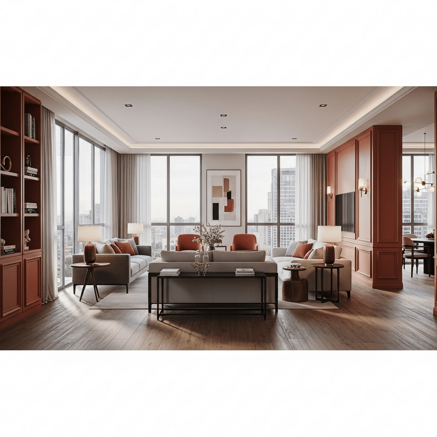 Illustrates the concept of luxury interior design by showing a spacious, modern living room in a Polanco apartment with high-end finishes and panoramic city views.