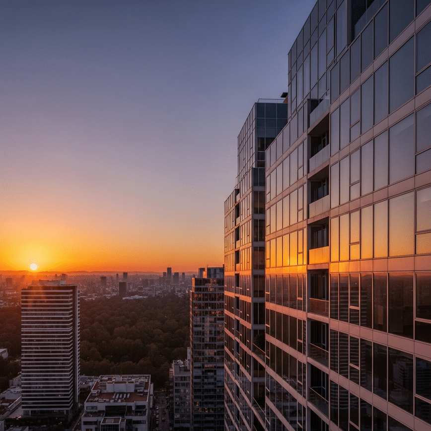Luxury high-rise apartment building in Polanco, Mexico City, at sunset, showcasing modern architecture and panoramic city views, highlighting investment potential.