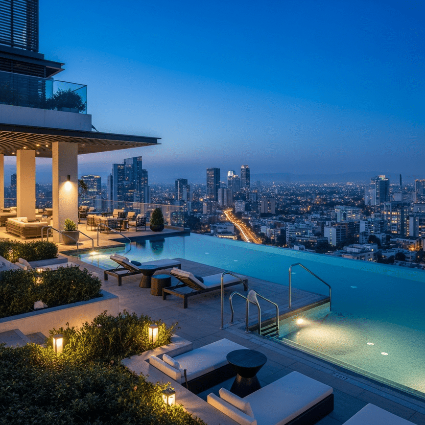 Illustrates the high-end amenities and luxury lifestyle associated with Polanco, focusing on a rooftop infinity pool overlooking the city.