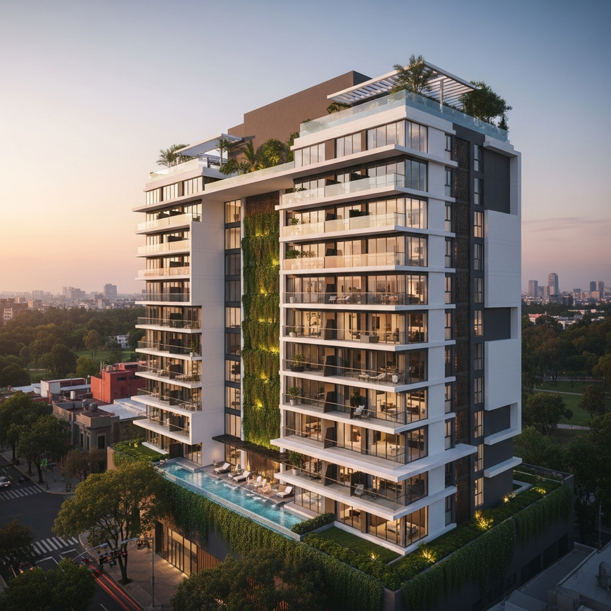 Exterior view of a modern luxury apartment building in Polanco, Mexico City, at sunset, featuring contemporary architecture, a rooftop pool, and views of Chapultepec Park.