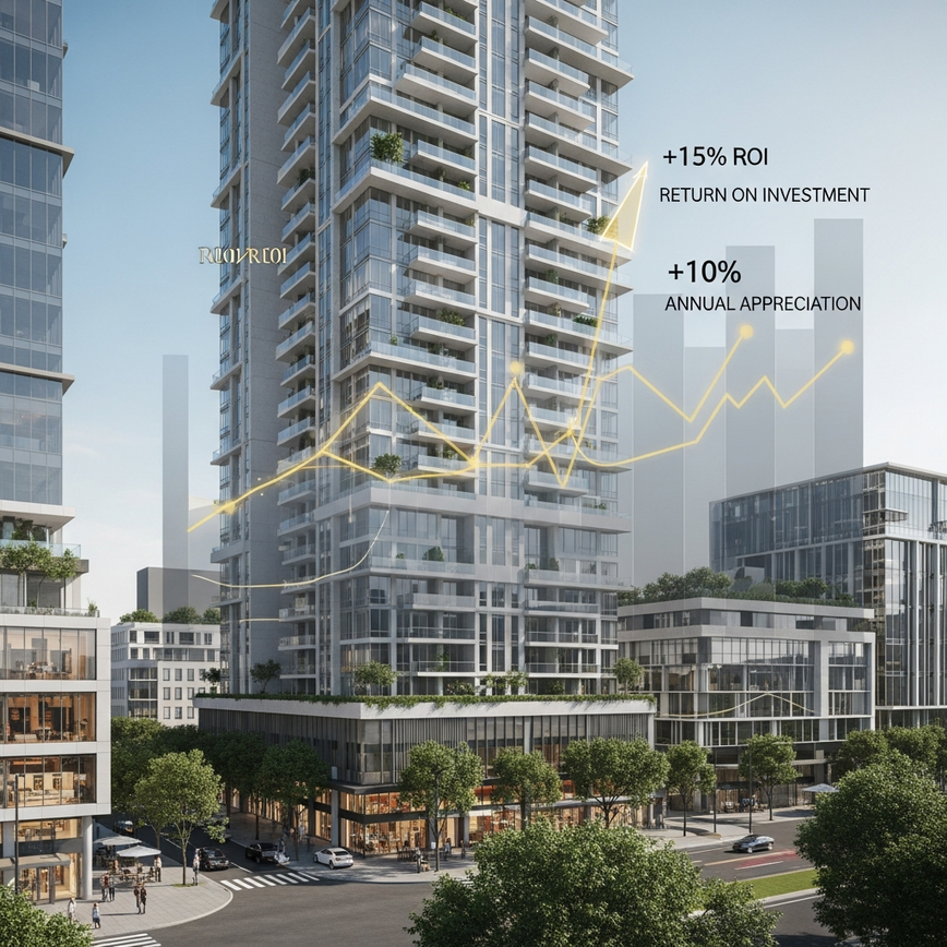 Showcases the financial advantages of investing in Polanco real estate, visualizing ROI and property appreciation with a stylish chart overlay.