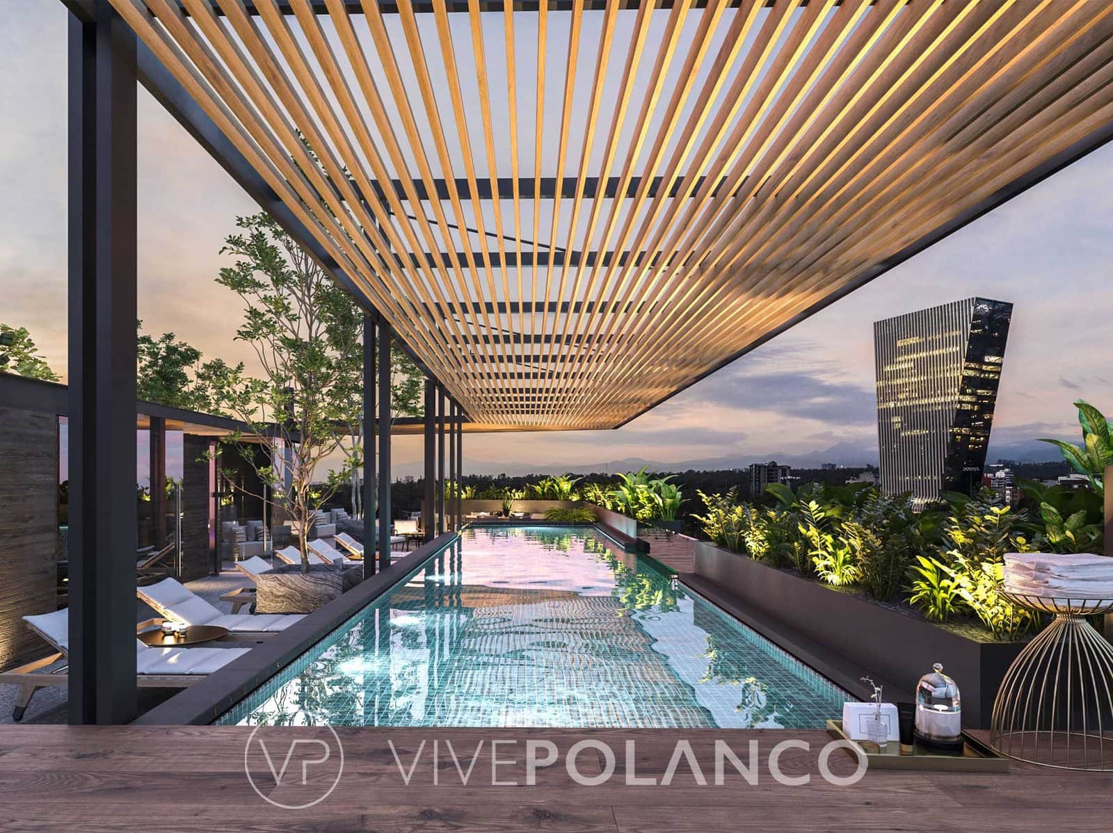 Terraza con alberca de lujo en un edificio residencial de Polanco al atardecer