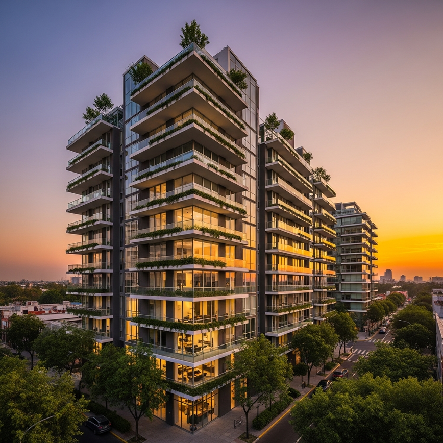 polanco-luxury-condo-sunset Exterior view of a modern luxury condominium building in Polanco, Mexico City, bathed in the warm light of a vibrant sunset, showcasing its contemporary architectural design and upscale urban setting.