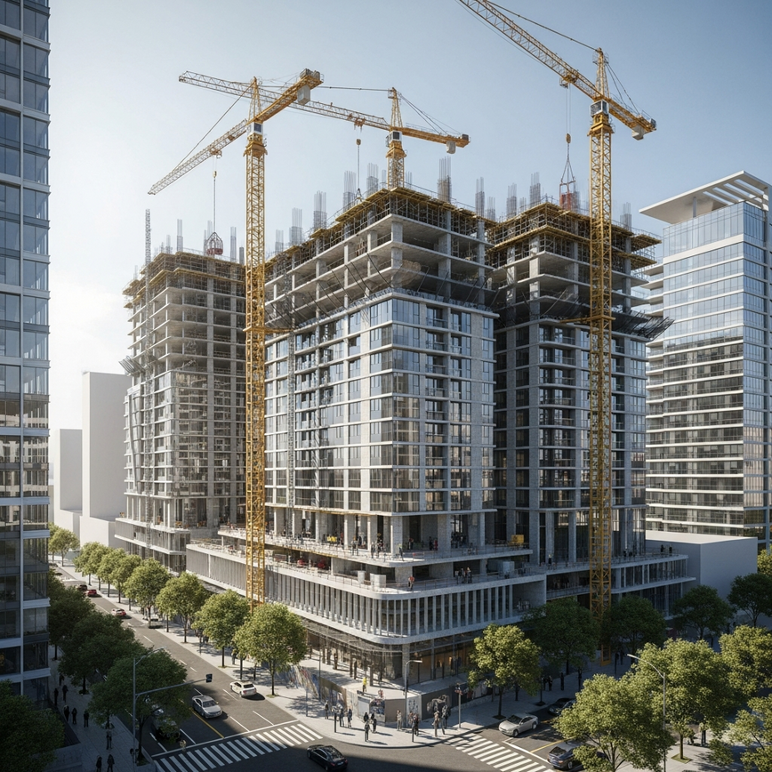 Showcases the process of building a luxury high-rise in Polanco, emphasizing the construction phase, modern architecture, and the urban environment.