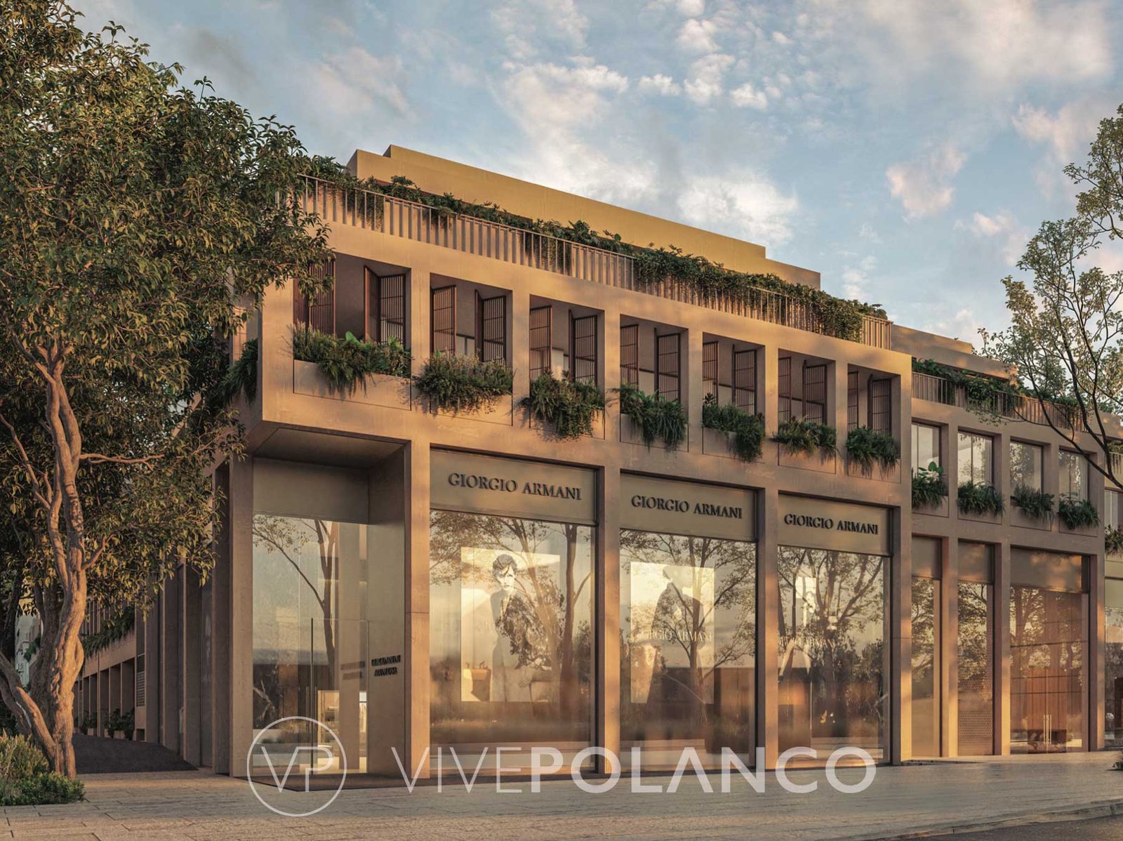 Fachada del edificio Armani Residences Masaryk mostrando la tienda Giorgio Armani en planta baja en Armani Residences Masaryk Vive Polanco, Polanco