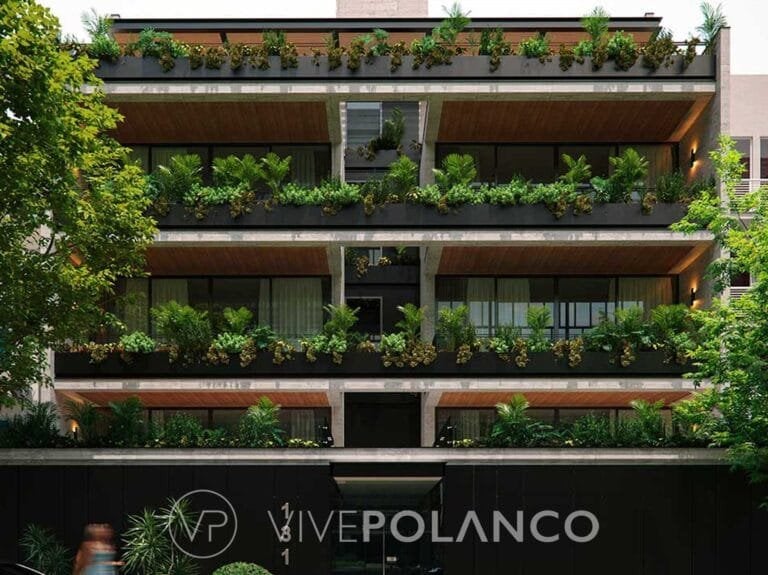 Edificio residencial moderno de cuatro pisos con jardines verticales, balcones con vegetación abundante en Aristoteles, Polanco