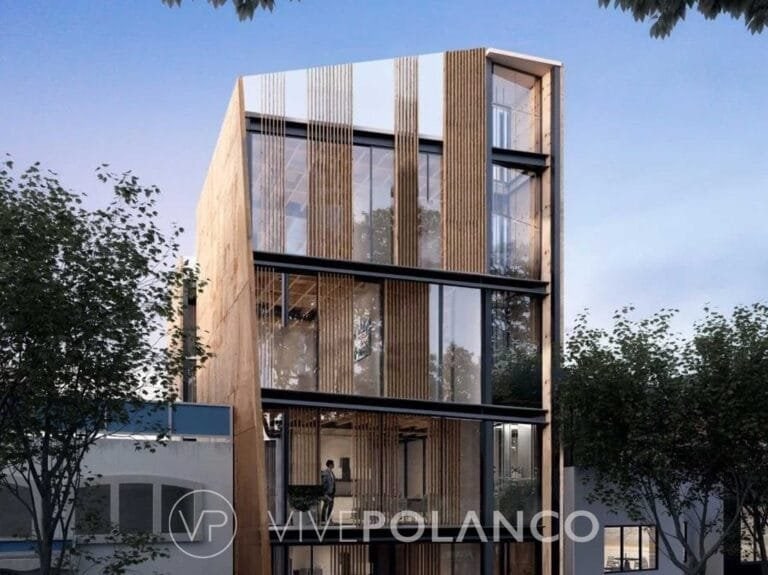 Fachada contemporánea del edificio Elysee Campos Eliseos con revestimiento de madera y ventanales amplios