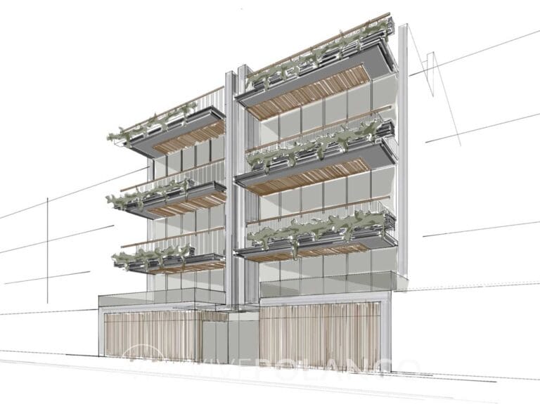 Render 3D de edificio residencial contemporáneo con balcones amplios, terrazas verdes y fachada de vidrio en Eugenio Sue, Polanco