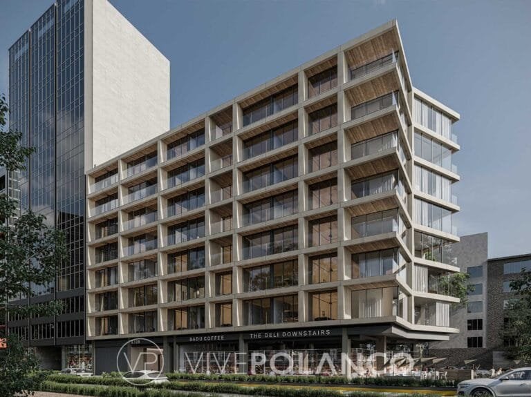 Fachada de edificio residencial contemporáneo con balcones de madera y locales comerciales en planta baja en Euler 145 Polanco, Polanco
