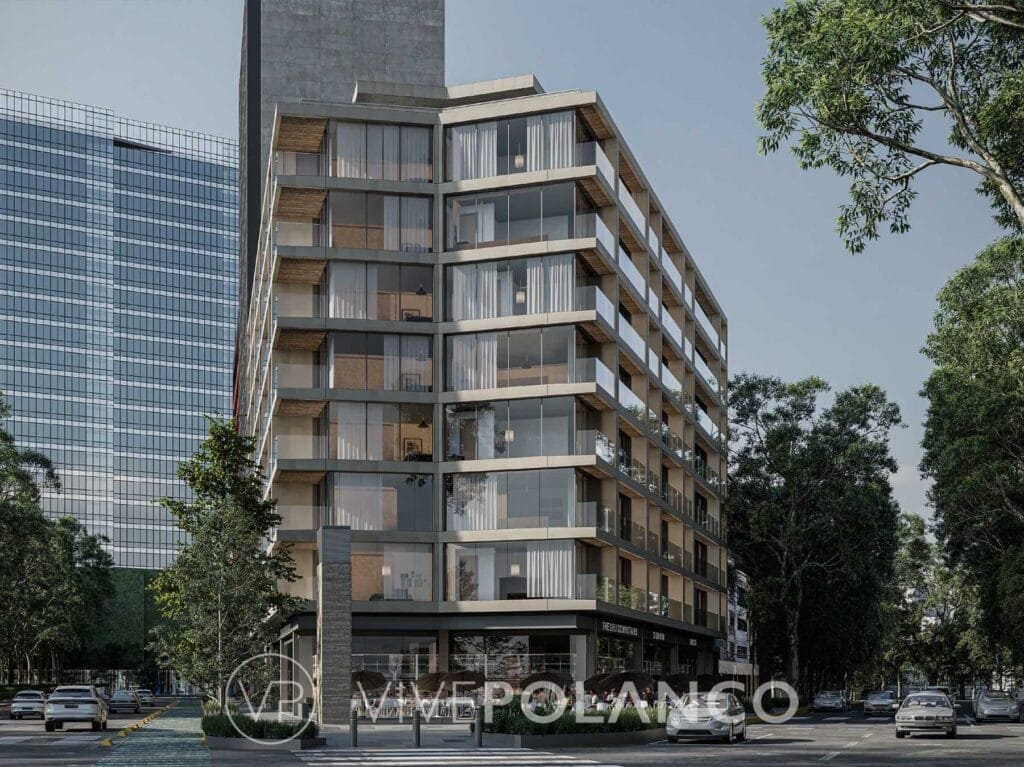 Render de edificio residencial contemporáneo con balcones de cristal y acabados en madera natural en Euler 145 Polanco, Polanco