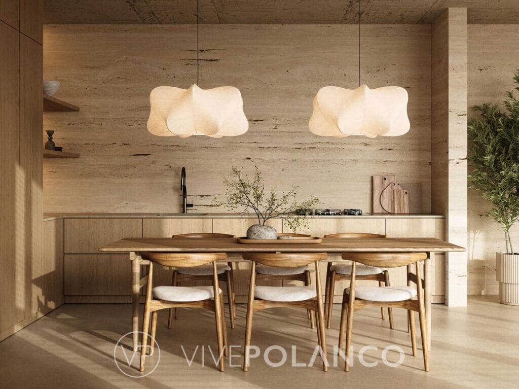 Comedor contemporáneo con mesa de madera, sillas tapizadas y lámparas colgantes de diseño moderno en Furniture Wood Dining Table, Polanco