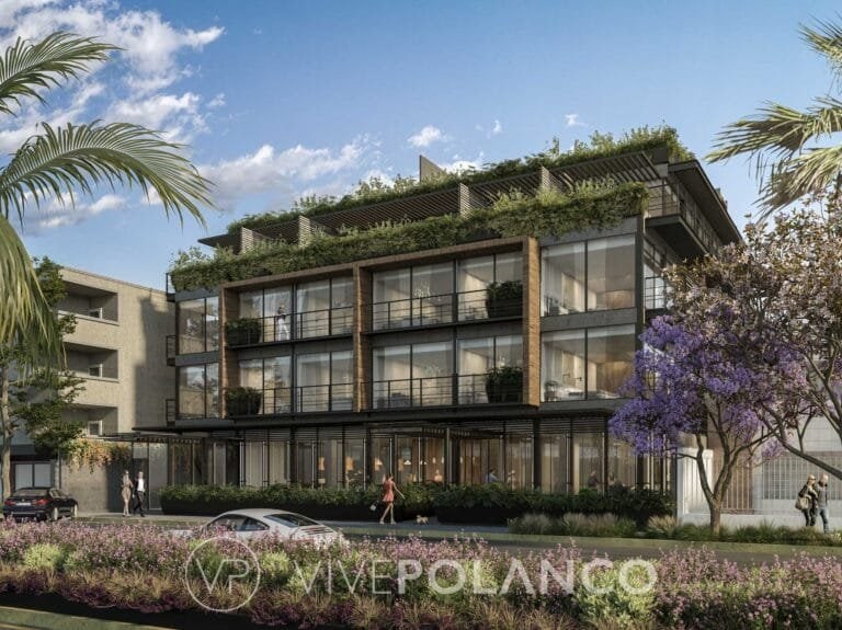 Fachada de edificio residencial contemporáneo con grandes ventanales, balcones y vegetación en azotea en Moliere, Polanco