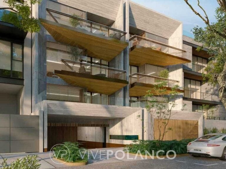 Fachada de edificio residencial contemporáneo con balcones volados de madera y estructura de concreto en Musset, Polanco