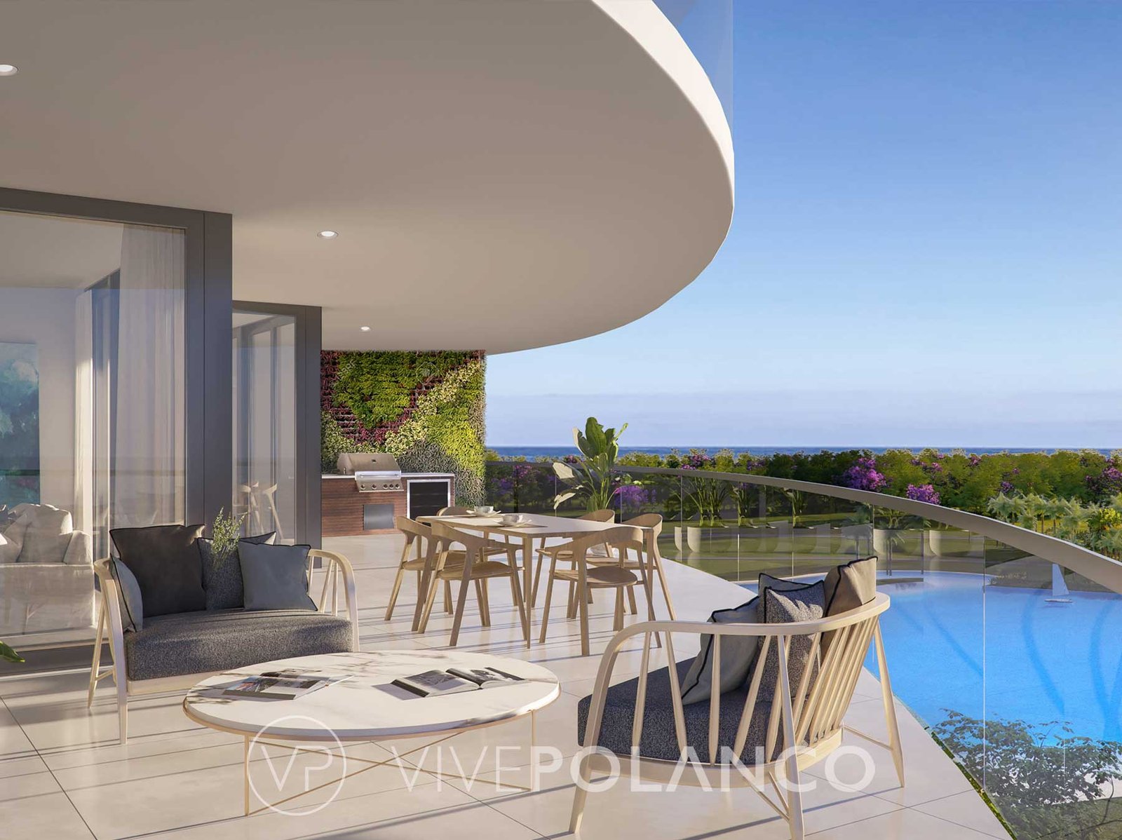 Terraza moderna de ONE Park Tower Miami con mesa de comedor, área lounge, cocina exterior y piscina