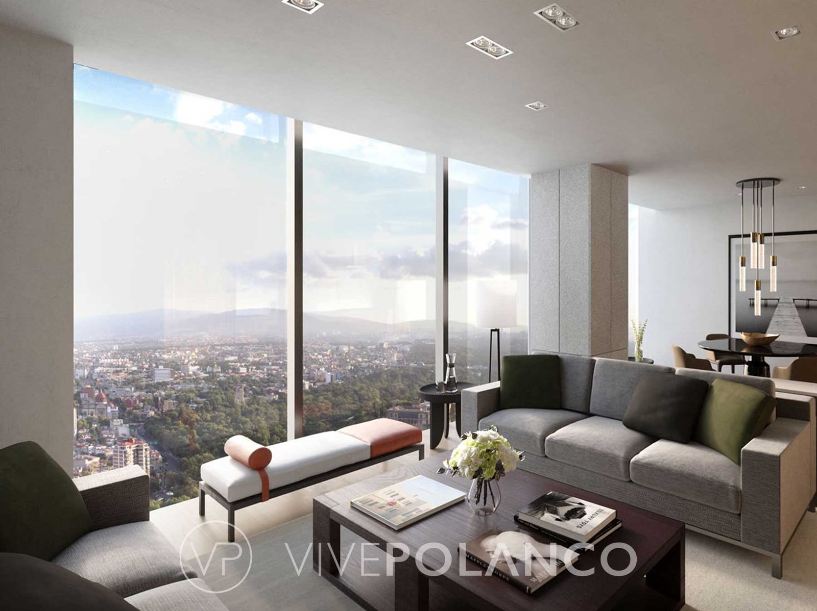 Sala de estar contemporánea con ventanales grandes, sofá gris, mesa de centro y vista espectacular urbana en Ritz Carlton Cdmx21, Polanco
