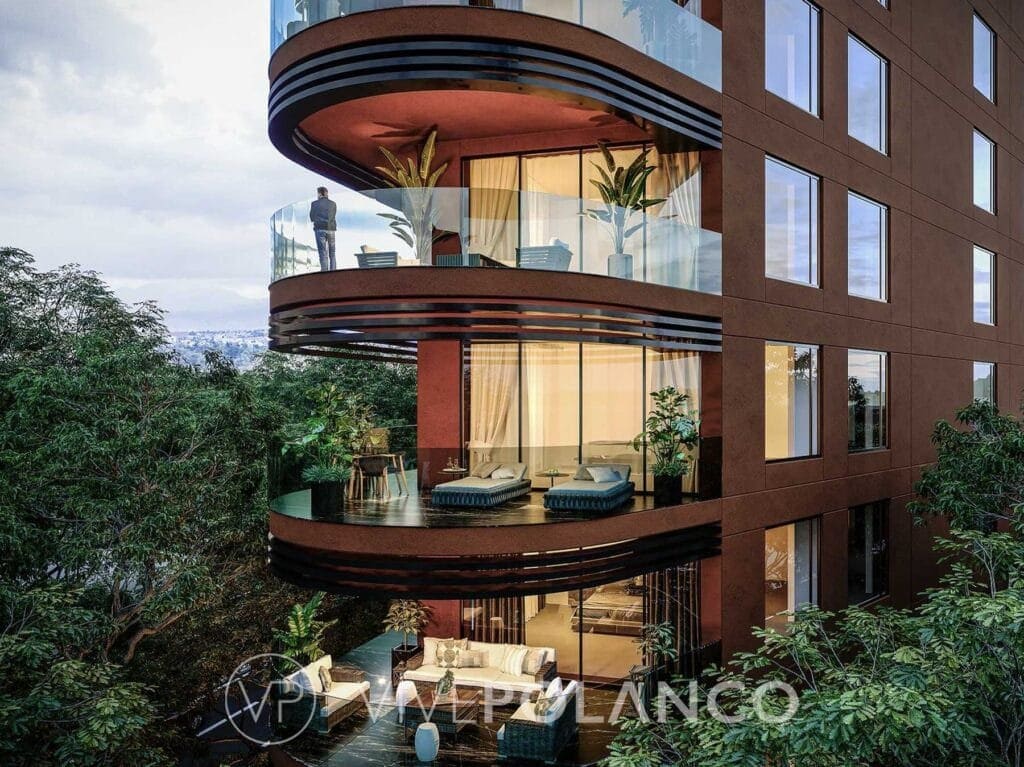 Fachada de un edificio en Rubén Darío, Polanco mostrando balcones curvos de vidrio con terrazas y vegetación