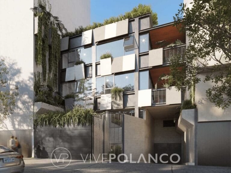 Edificio residencial moderno con fachada de paneles geométricos blancos y marrones, balcones verdes en Schiller, Polanco