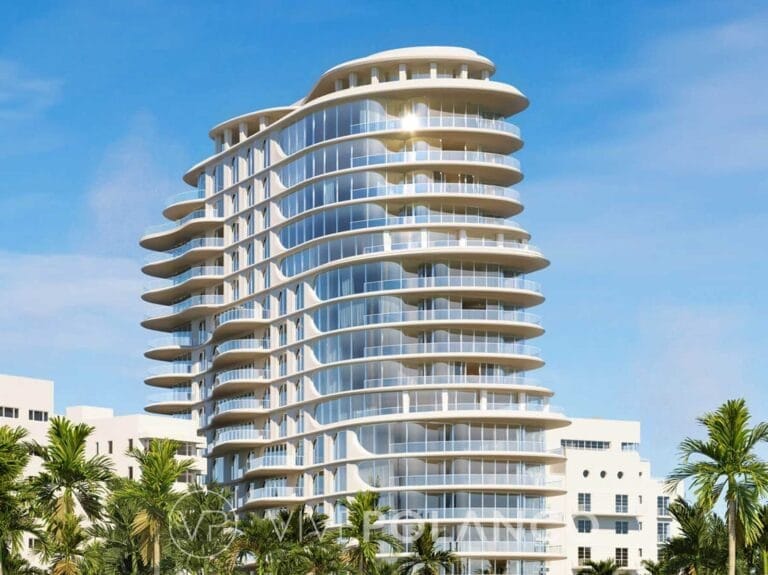 Fachada curva del Shore Club Private Collection con balcones ondulados y palmeras en Miami Beach en Shore Club Residences, Polanco