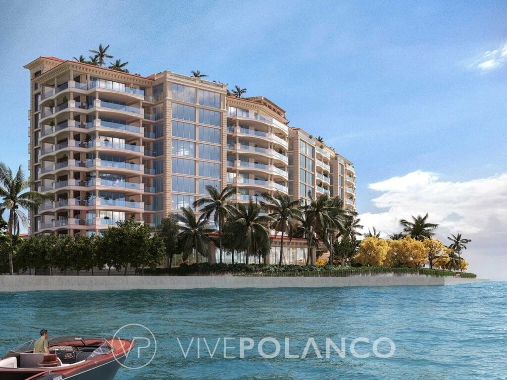 Edificio residencial de lujo con balcones curvos frente al agua, rodeado de palmeras tropicales en Six Fisher Island Miami, Polanco