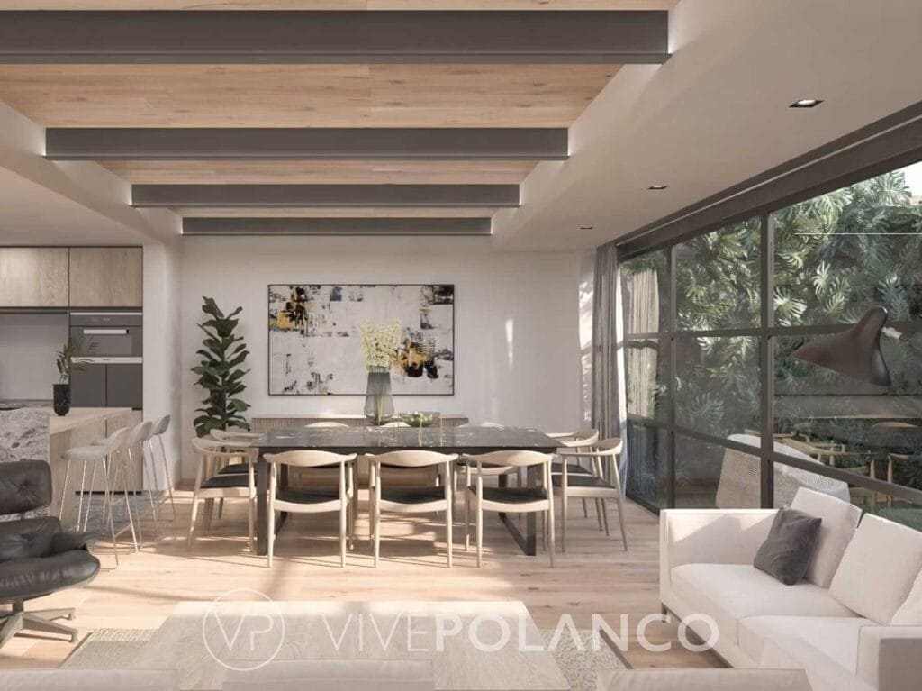 Sala comedor moderna integrada con cocina abierta, mesa rectangular, sofá beige y ventanales amplios en Temistocles 111, Polanco