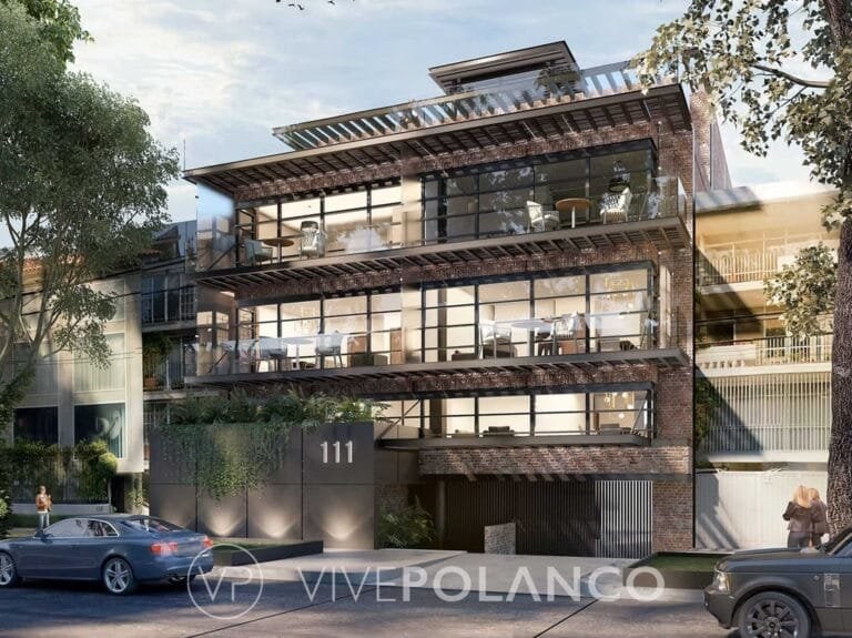 Edificio residencial moderno de cuatro niveles con fachada de ladrillo, grandes ventanales y balcones en Temistocles 111, Polanco