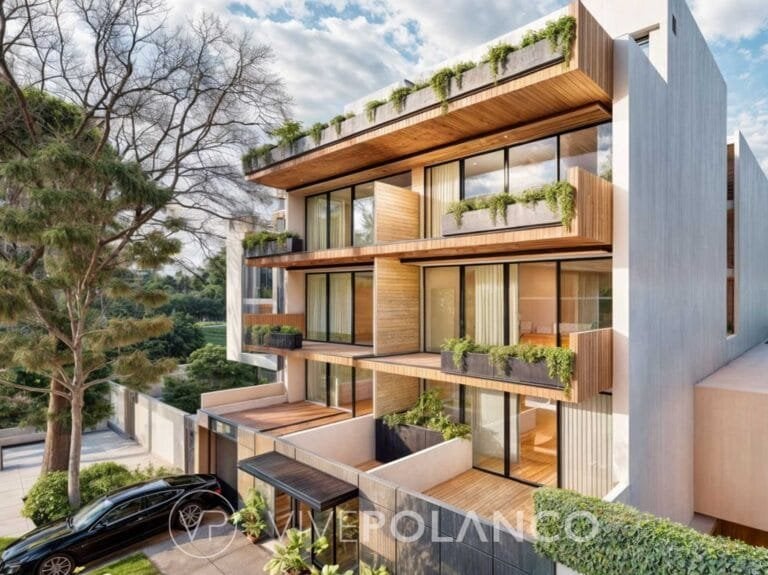 Fachada de edificio residencial moderno de cuatro pisos con balcones de madera, jardineras y ventanales en Tennyson, Polanco