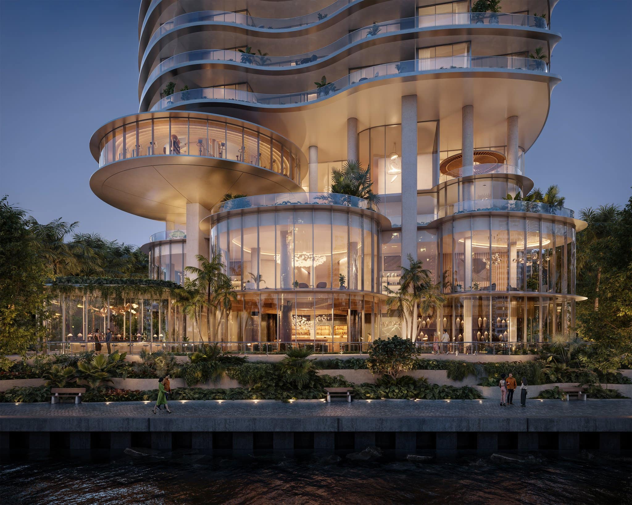 Render del frente al agua de 619 Brickell en la desembocadura del río Miami, Brickell, Miami