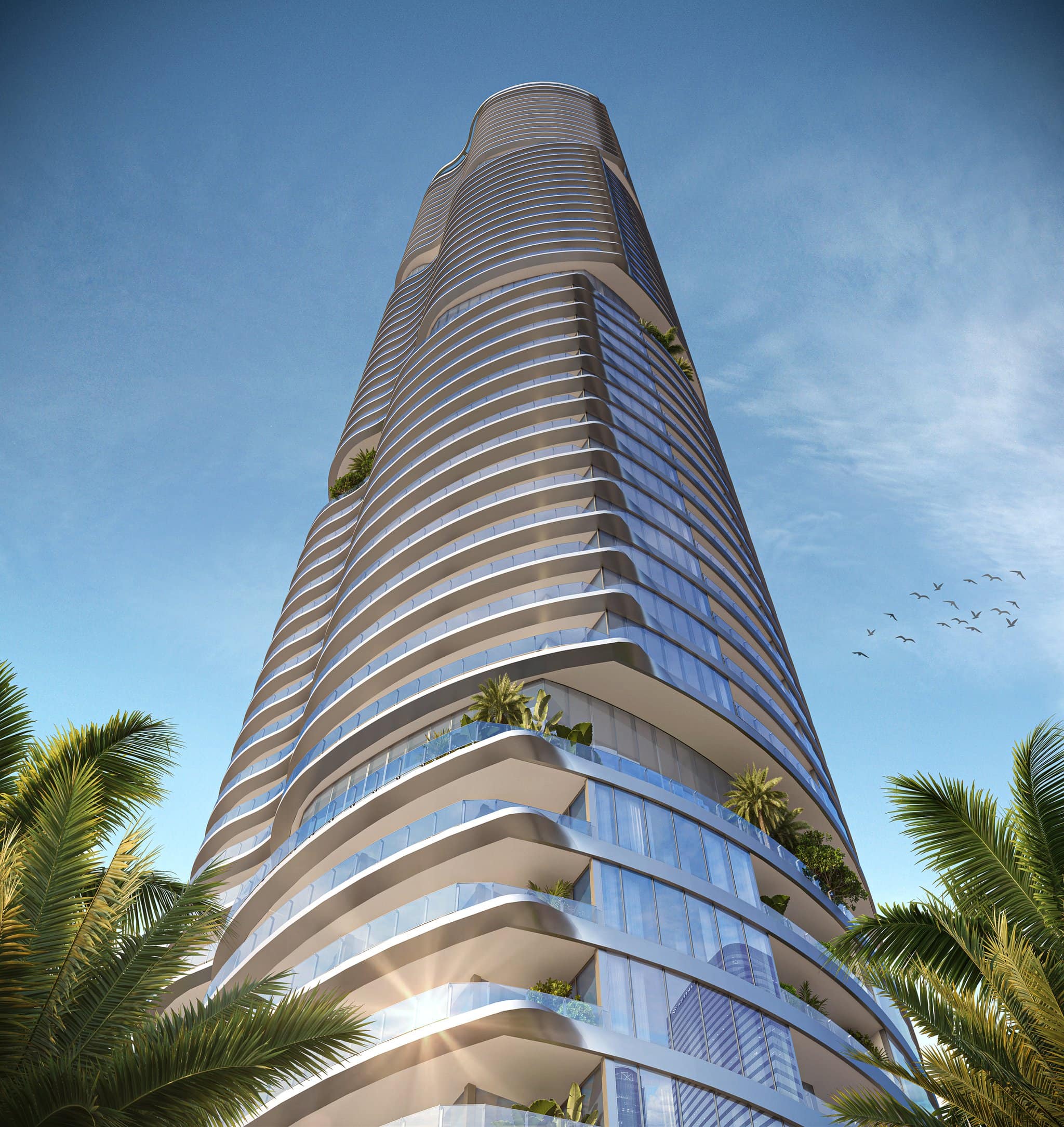 Render de la torre 619 Brickell en Miami, con balcones curvos y terrazas con vegetación