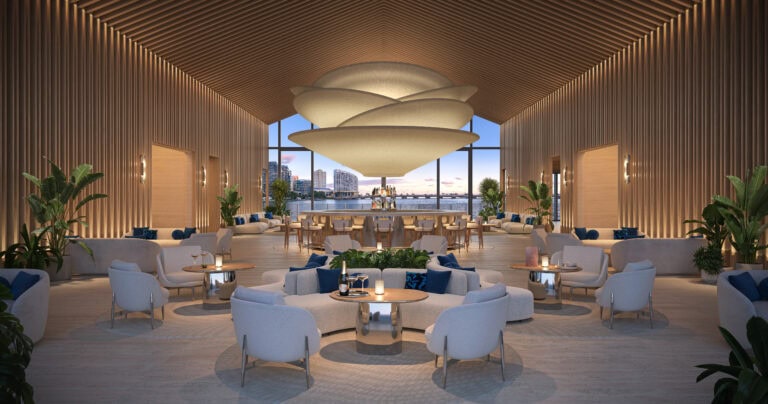 Nobu Café en 619 Brickell, Nobu Residences, con vista a la bahía de Biscayne y Brickell, Miami. Render del desarrollador.