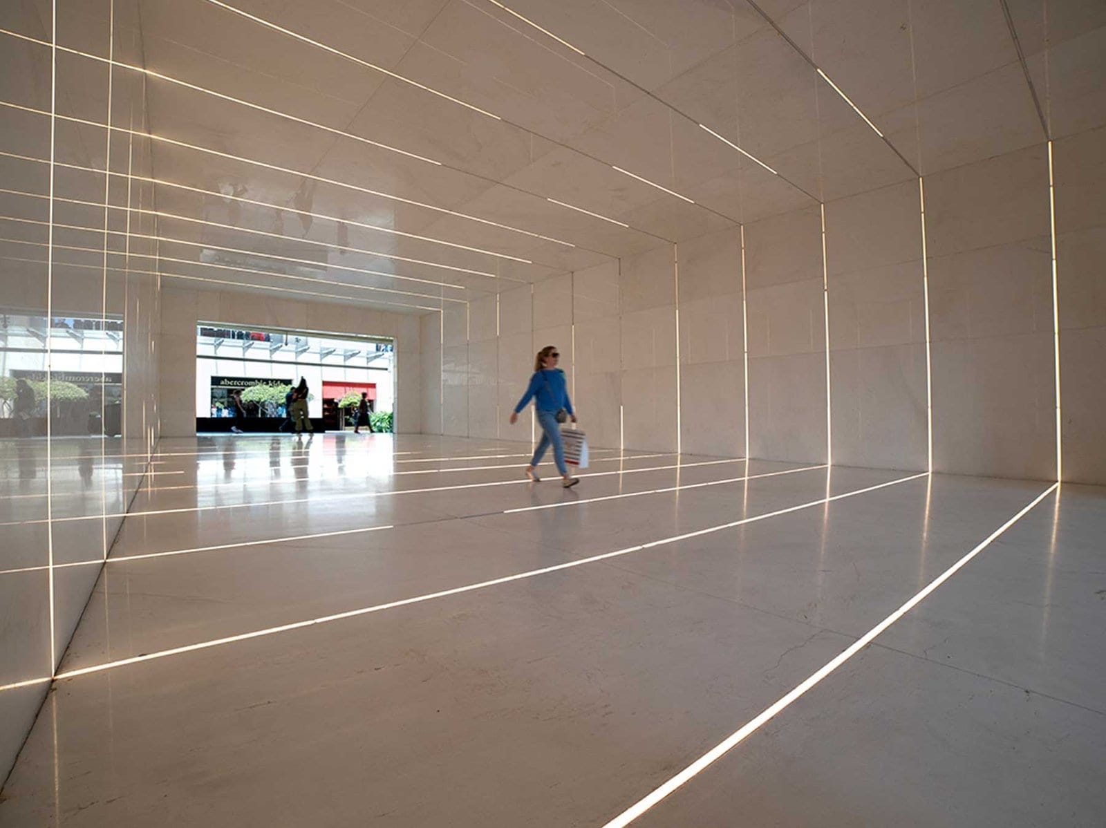 Pasillo arquitectónico con líneas de luz LED integradas en paredes y techo en Antara Polanco
