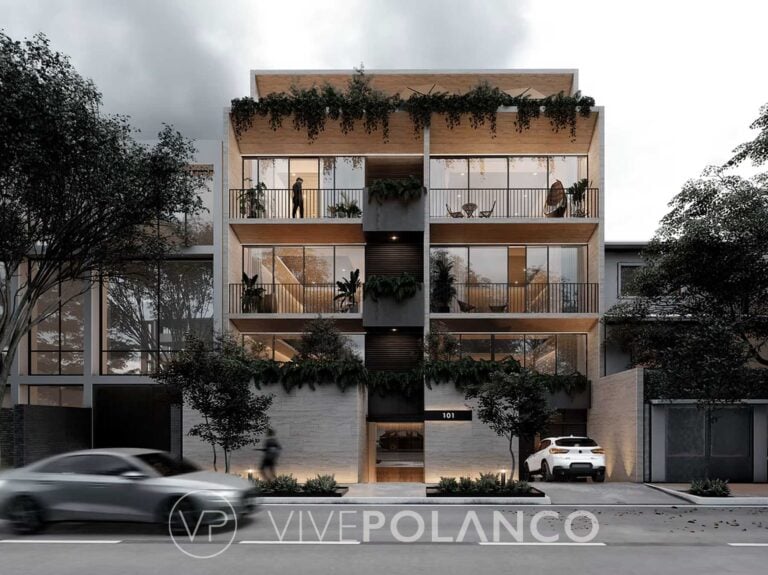 Fachada moderna del edificio residencial Galileo con balcones y vegetación en Polanco, Ciudad de México