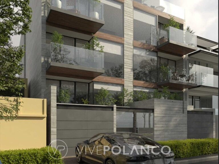 Fachada de desarrollo residencial Homero en Polanco con balcones modernos, terrazas verdes y automóvil deportivo