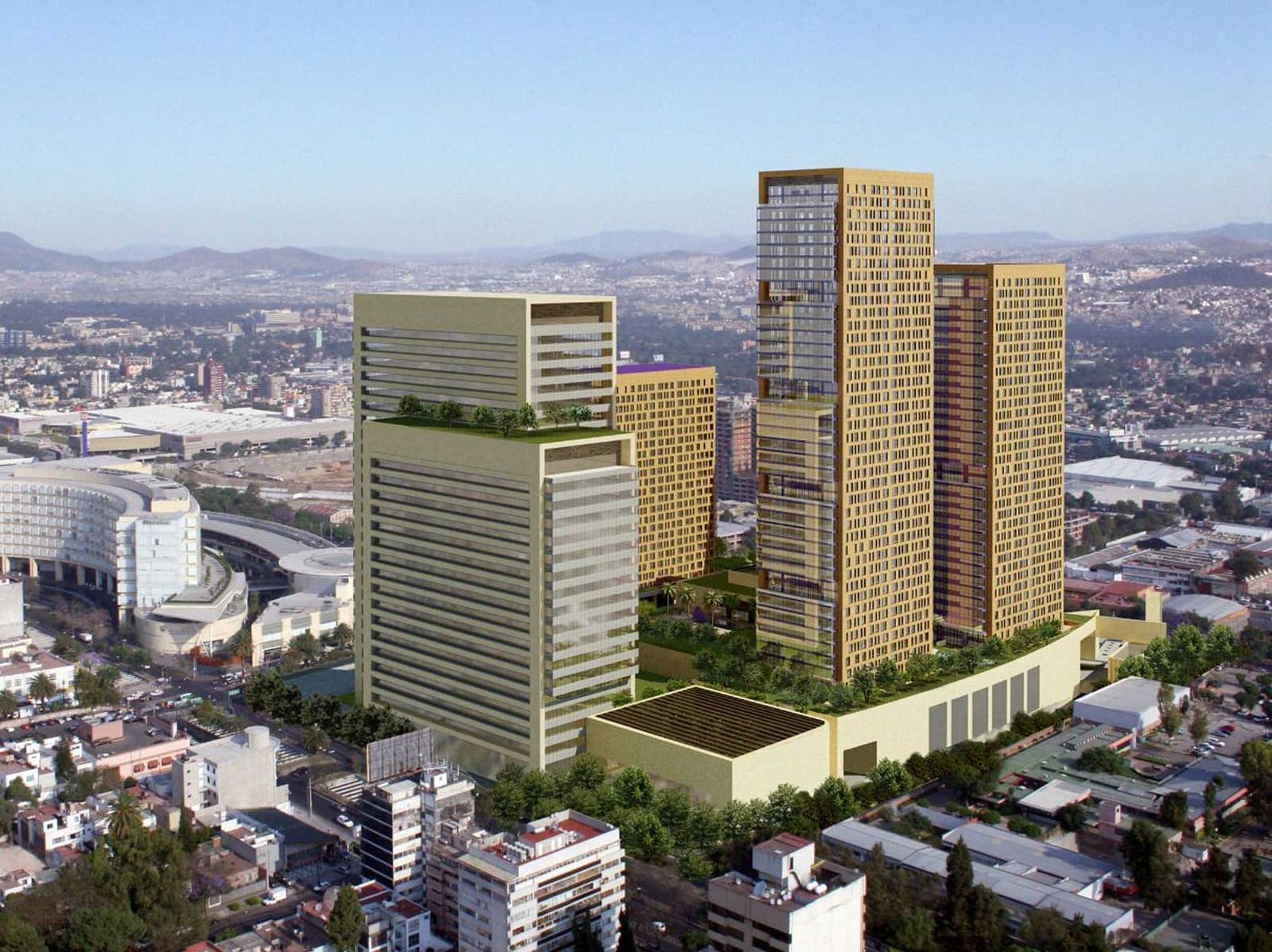 Vista aérea del complejo Miyana con su azotea verde en Nuevo Polanco
