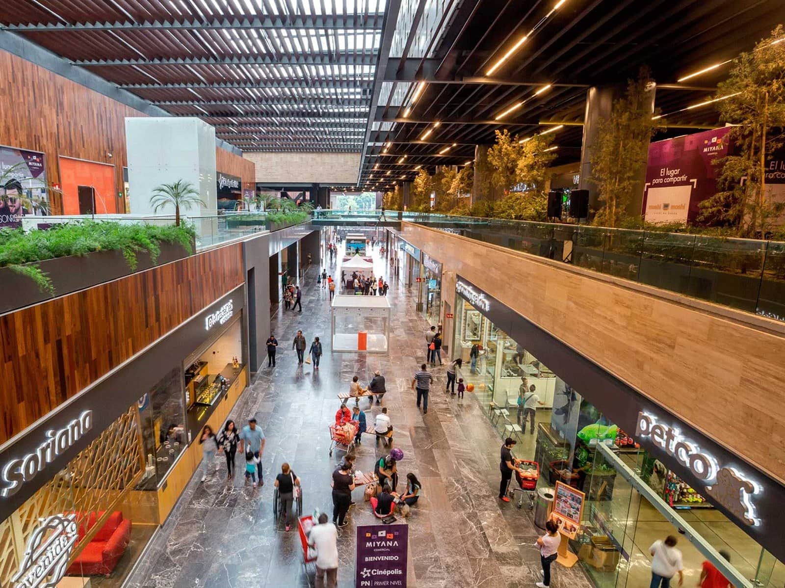 Vista del centro comercial Miyana Polanco desde el segundo nivel, mostrando la planta baja con tiendas