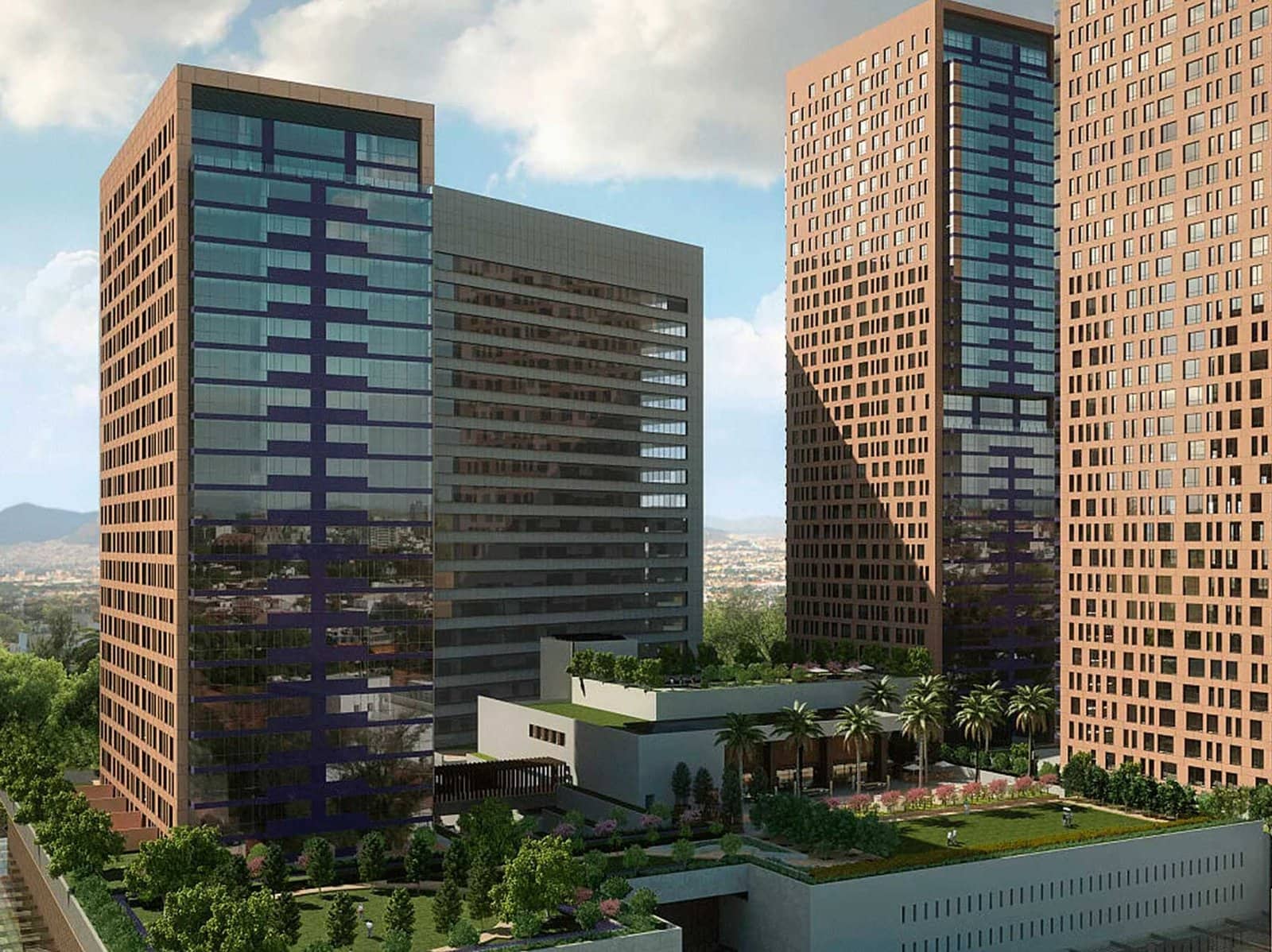 Vista del desarrollo Miyana Polanco con torres residenciales de ladrillo y cristal en Nuevo Polanco