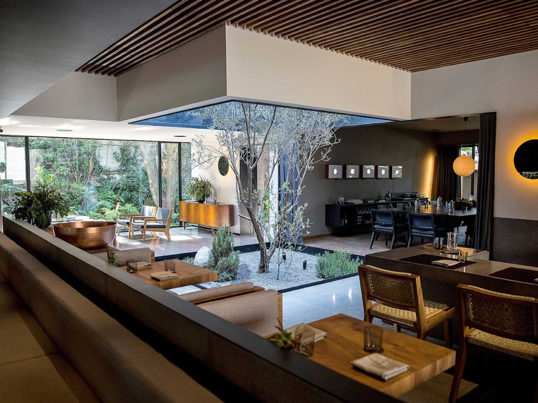 Interior del restaurante Pujol en Polanco con jardín y ambiente de alta cocina mexicana contemporánea
